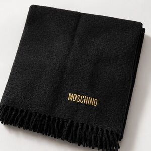 MOSCHINO Black Wool Scarf Gold Embroidered Fringe Luxury Designer Blanket Scarf